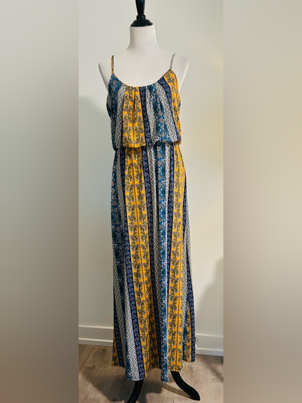 Naïf M Boho Striped Floral Maxi Dress in Yellow & Blue